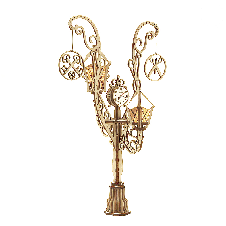 Bastelset Strassenlaterne mit 2 Leuchten, Uhr und Innungszeichen basteln, Gr. 1, Spezial, natur